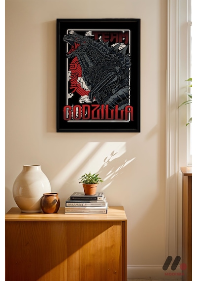 Godzilla Retro Poster, Siyah Çerçeveli Duvar Tablosu - Anime Severlere Özel Hediye