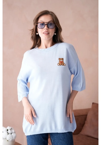 Park Karon 10729 Kadın Bisiklet Yaka Nakış Detay Oversize Trko Kazak Bebe Mavi