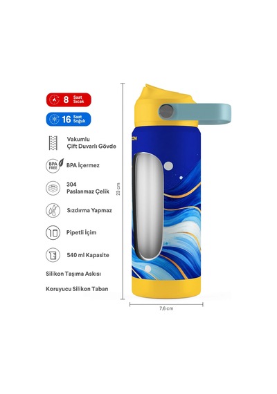 Puccon 540 Ml Mavi Dalga Desenli Lacivert - Sarı Erkek Çocuk Pipetli Çelik Termos Matara/suluk - 60061