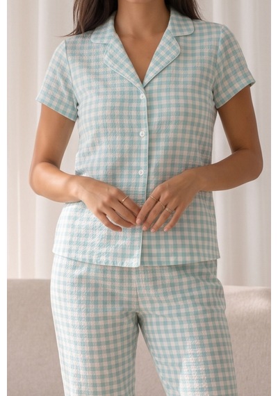 Kadın Loose Uzun Paça Pamuk Su Yeşili Pijama Takımı