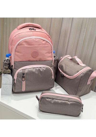 Suya Dayanıklı İlk Okul Çantası 3'lü Seti Unisex Çocuk İlkokul Çantası Ldc-8010 Pudra-vizon Krem