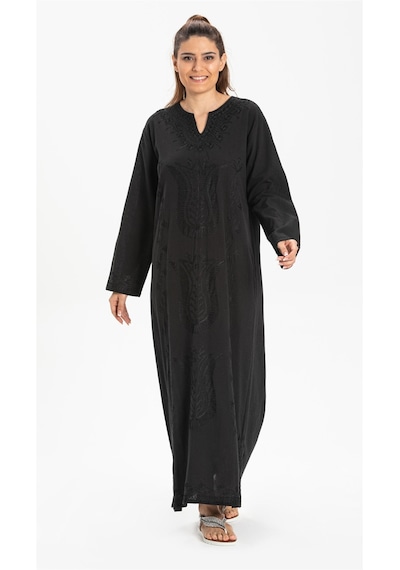 Eliş Şile Bezi Uzun Kol Şile Bezi Simli Kaftan Midi Boy Elbise Siyah
