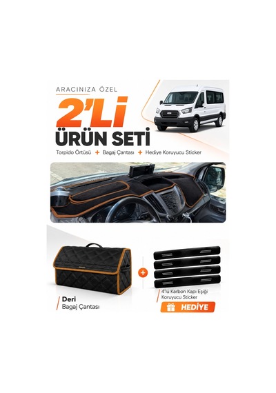 Ford Transit Kapaklı 2013-2018 Uyumlu Torpido Örtüsü + Deri Çanta + Sticker - Siyah Kahverengi