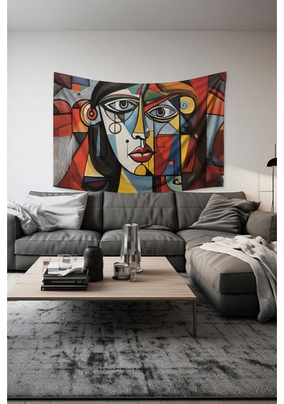 Geometrik Yüz Desenli Duvar Halısı Duvar Örtüsü Tapestry Süet Dokulu Kumaş