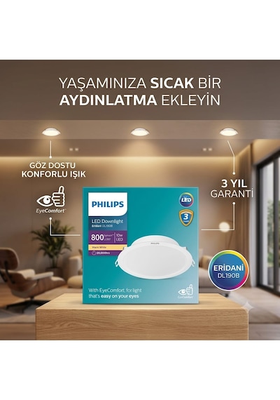 Philips Eridani 10w Kesim Yeri 12.5mm Dış Çapı 140mm Eyes Comfort 3000K Sarı Işık