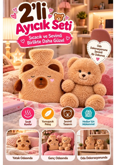 2'li Set Ayıcık Peluş Sıcak Su Torbası Ve 26 Cm Peluş Oyuncak Kahverengi Yumuşak Kılıflı İkili Takım Çok Renkli