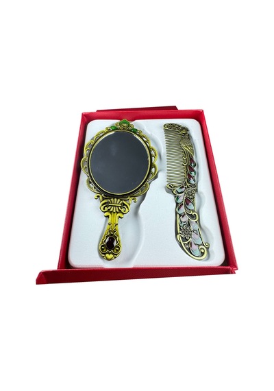 Tavus Kuşu Desenli Vintage Ayna Tarak Seti Özel Tasarım Ve Özel Kutulu 13,5 Cm & 13 Cm Çok Renkli