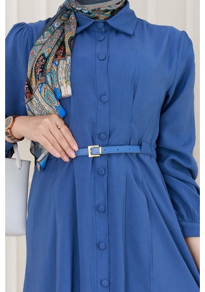 Sevitli Kemerli Tensel Elbise-indigo-5040 İndigo