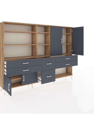Arges Dolap 10 Raflı 6 Çekmeceli 4 Kapaklı 220x30x163 Çam-antrasi Çam-antrasit