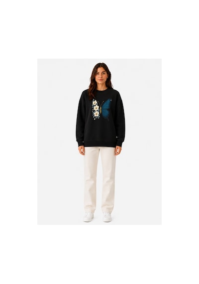 Herkesemoda Kelebekbaskı Detaylı Şardonlu 2 İplik Bisiklet Yaka Sweatshirt Siyah
