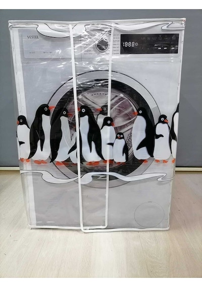 Penguen1 Desenli Şeffaf Çamaşır Makinesi Örtüsü 0,18 Mm Kalınlığında
