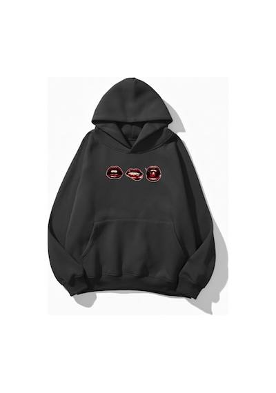 Uyguntarz Unisex Yumuşak Dokulu 3'lü Dudak Baskılı Tasarım Oversize 3 İplik Hoodie Sweatshirt Gri