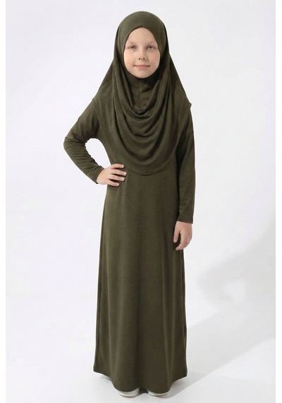 Mnk Baby & Kids Pratik Başörtülü Kız Çocuk Namaz Elbisesi M00789 Haki