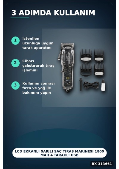 Lcd Ekranlı Şarjlı Saç Tıraş Makinesi 1800 Mah 4 Taraklı Usb Şarj Güçlü Motor Kesme Aleti Bx-313661