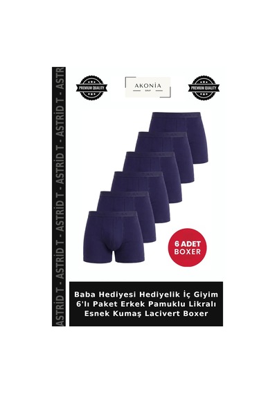 Astrid T Baba Hediyesi Hediyelik İç Giyim 6'lı Paket Erkek Pamuklu Likralı Esnek Kumaş Lacivert Boxer