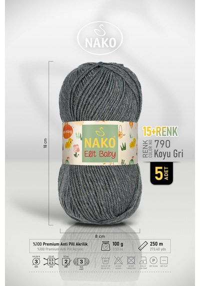Elit Baby - 790 Koyu Gri Melanj - 5'li Paket - 100gr/250m - Bebek İpi - Anti Pilling Tüylenmez İp