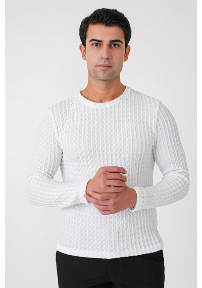 Efor Slim Fit Esnek Pamuklu Dokulu Kumaş Uzun Kollu Ekru Tişört Ts 934