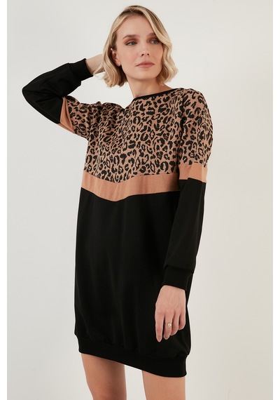 Lela Leopar Desenli Renk Bloklu Oversize Bisiklet Yaka Bayan Tunik 5863604 Siyah