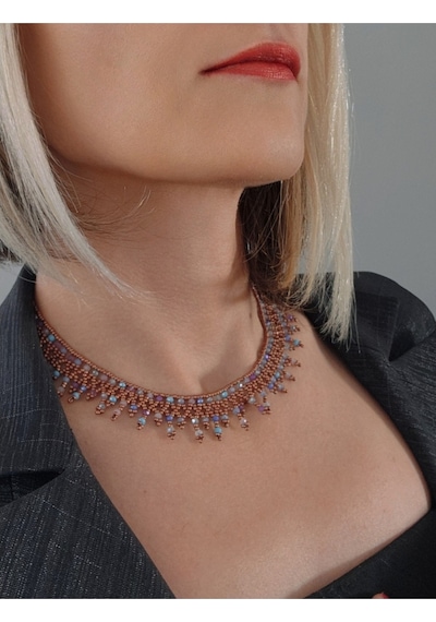 Eva Takı Etnik Bohem Kum Kristal Boncuk El Yapımı Bakır Turkuaz Salkım Kolye Beyaz