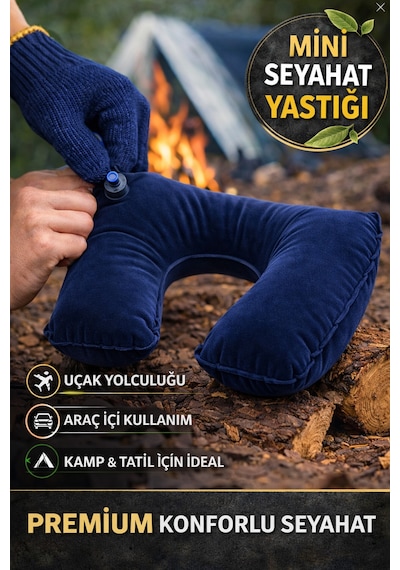 Lacivert Şişme Seyahat Boyun Yastığı Uçak Araç Kamp İçin Ergonomik Taşınabilir Travel Yastık