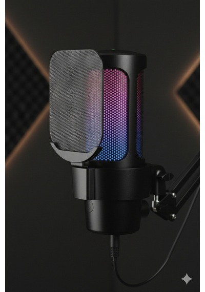 Usb Rgb Kondansatör Mikrofon + Boom Kol Stand Seti Mute Tuşlu Gürültü Azaltma Siyah