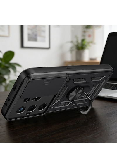 Tecno Camon 50 Kılıf Magnetik Standlı Kamera Korumalı Zore Sürgülü Vega Kapak - Siyah