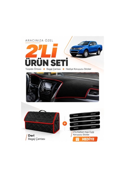 Mıtsubıshı L200 2015-2021 Uyumlu Torpido Örtüsü + Deri Bagaj Çantası + Sticker - Siyah Kırmızı