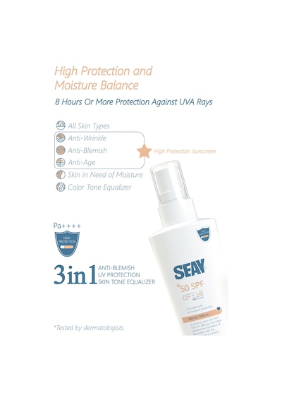 Seay SPF50+ Yüksek Korumalı Leke Karşıtı ve Cilt Tonu Eşitleyici Güneş Kremi Su Bazlı 125 ML