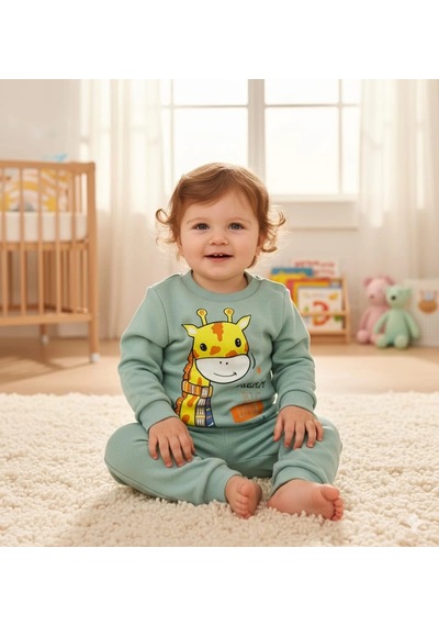 Poppy Trend Kız Bebek Zürafa Baskılı Çıt Çıtlı Alt Üst İkili Gündelik Takım 6-18 Ay Yeşil