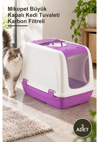 3 Adet Mikopet Büyük Kapalı Kedi Tuvaleti Karbon Filtreli
