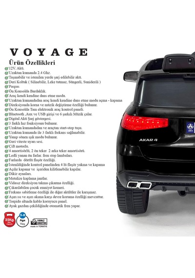 Akülü Uzaktan Kumandalı Araba Voyage Gt Siyah 4x2 Deri Koltuklu
