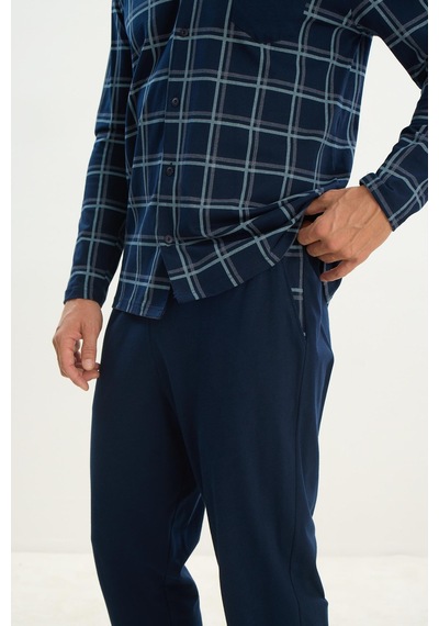 Sevim Erkek Uzun Kol Gömlek Yaka Önden Düğmeli Lacivert Pijama Takım C9t1n5o9 001
