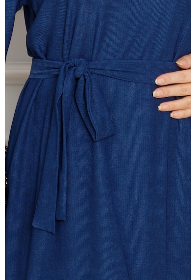 Sevitli Eteği Desenli Karin Elbise-saks Mavi-4269-saks Mavi Saks Mavi
