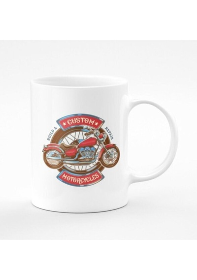 Custom Motorcycles Motorsikletli Baskılı Kupa Beyaz