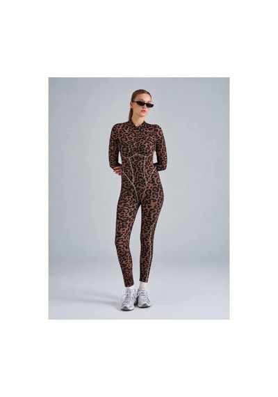 Lismina Beyaz Biyeli Leopar Desen Sculpt Line Uzun Kollu Spor Tayt Tulum Kahverengi