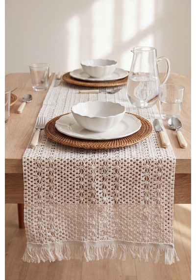 Krem Popillon Pamuklu Püsküllü Runner 35x145 Cm