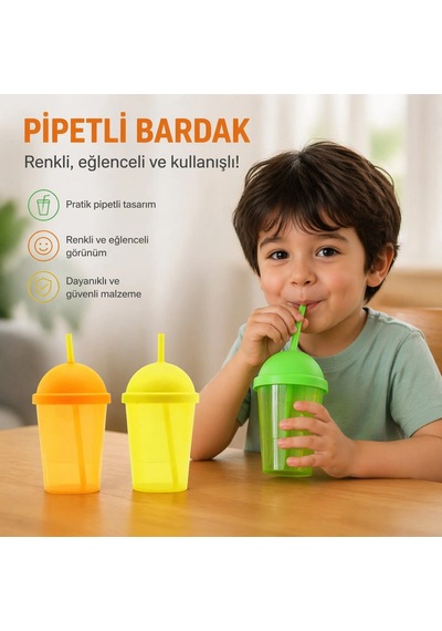 Pipetli Bardak - 450 Ml - Şeffaf Renkli - Plastik Açık Gri