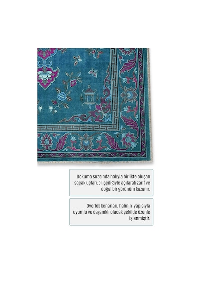 Turkuaz Fuşya Geleneksel Çiçek Desenli Dekoratif Halı 3044-3 Mavi