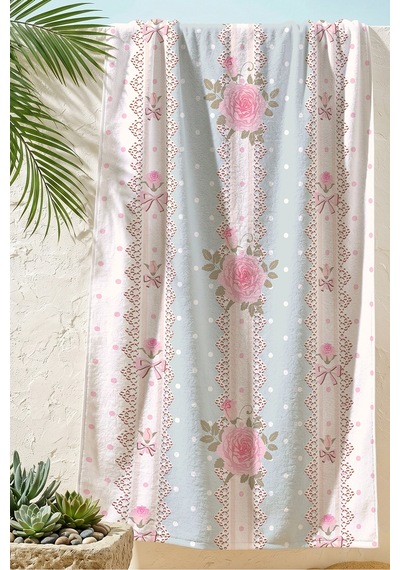 Gül Çiçekli Dantel Detaylı Plaj Havlusu-vintage Romantik Pastel Mavi Hızlı Kuruyan Mikrofiber Havlu Kül Karamel