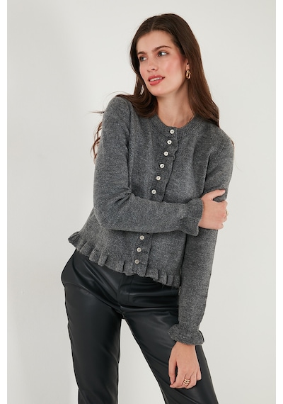 Lela Premium Pile Detaylı Regular Fit Yuvarlak Yaka Triko Bayan Hırka 680Hi00038 Antrasit