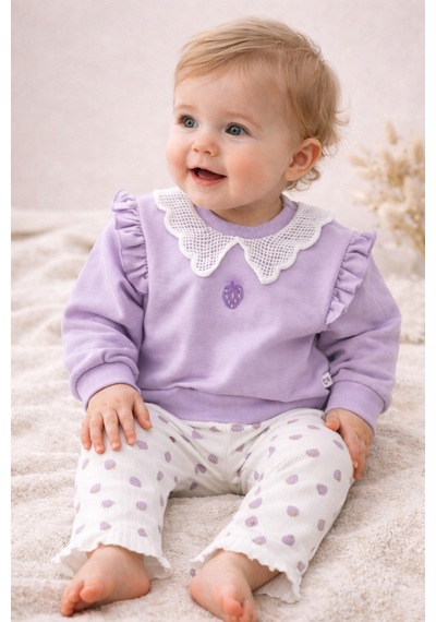 Uğur Bebe %100 Pamuk Mor Dantelli Yaka Çilek Desenli İspanyol Paça Premium Kız Bebek Takım Mor Mor