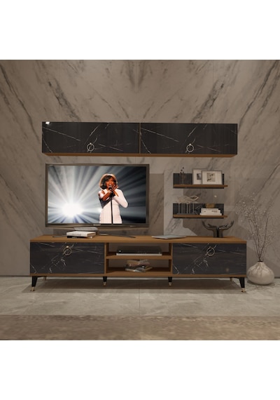 Decoraktiv Eko 5 Mdf Dvd Gold Tv Ünitesi Tv Sehpası Ceviz - Siyah Mermer