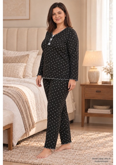 Seboteks Mevsimlik İnce Kumaş Kalp Desenli Uzun Kollu Büyük Beden Kadın Pijama Takımı 3177 Siyah Seboteks Mevsimlik İnce Kumaş Kalp Desenli Uzun Kollu Büyük Beden Kadın Pijama Takımı 3177 Siyah