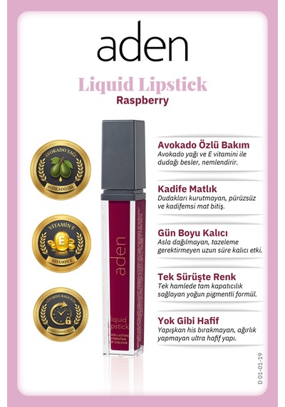 Aden Liquid Lipstick - Likit Ruj 19 Raspberry Ahududu Çok Renkli