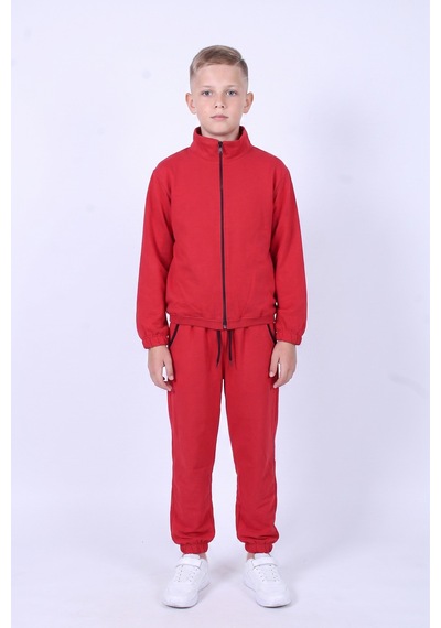 Fyk Kids Erkek Çocuk Dik Yaka Fermuarlı Beli Bağcıklı Lastik Paça Eşofman Takımı Kırmızı