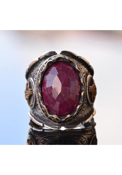 Osmanlı Yüzük, Gümüş Yüzük, Doğal Yakut Taşlı Yüzük, 12.90 Karat, Etnik Tasarım Gümüş