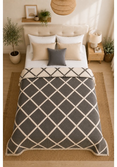 Premium Geometrik Kare Desenli %100 Pamuk Müslin Çift Taraflı Yatak Örtüsü Pike 220x240 Çift Kişilik Antrasit