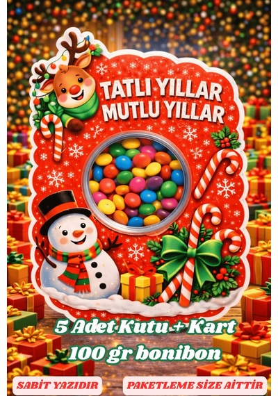 5 Adet Tatlı Yıllar Mutlu Yıllar Kartlı Bonibon Yılbaşı Hediyesi - Özel Tasarım - Sömestr Hediye
