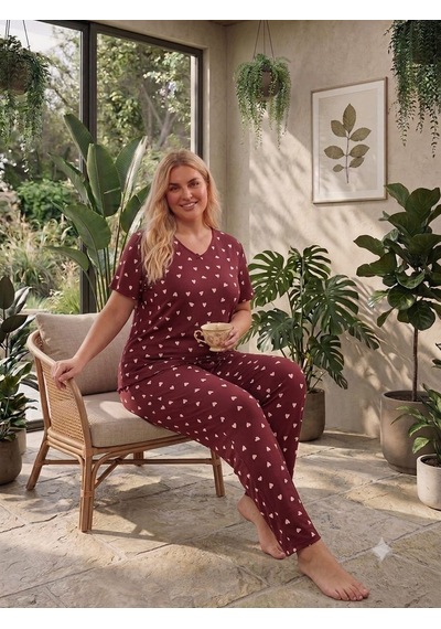 Büyük Beden Kısa Kol Pamuklu Ultrasoft Likralı Kapri Pijama Takımı 8624 Bordo