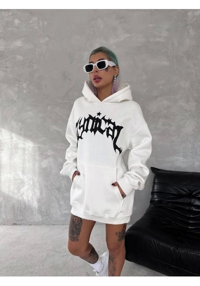 İkales Unisex Üç İplik Kapşonlu Baskılı Sweatshirt - Beyaz